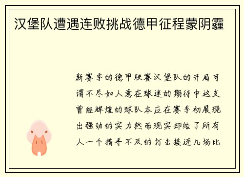 汉堡队遭遇连败挑战德甲征程蒙阴霾