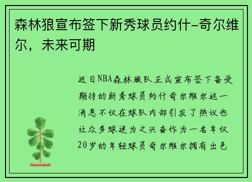 森林狼宣布签下新秀球员约什-奇尔维尔，未来可期