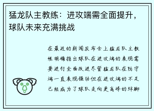猛龙队主教练：进攻端需全面提升，球队未来充满挑战